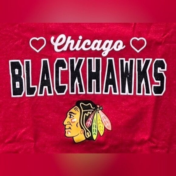 Chicago Blackhawks Girls' Red Hearts & Glitter Logo Varsity Tee -- Large 10/12 - Picture 3 of 7